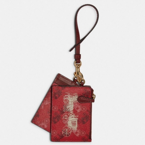 NWT COACH Red Lanyard Card Case Set with Horse & Carriage Print - Picture 1 of 16